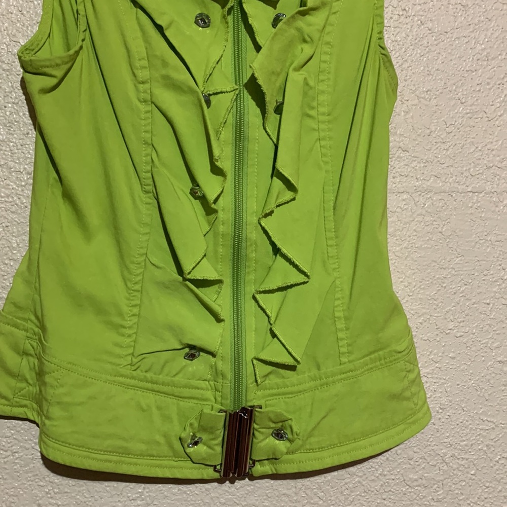 oh Yes Vest Green Rhinestone Buttons Zip Up Ruffle Front M - Picture 2 of 14